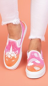 It’s easy to make ombré tie-dye shoes with Tulip! 🧡💖 This kit will add some sparkle to your step with unicorn iron-on transfers and gems! ✨ #tiedyefashion #tiedyetechnique #tiedyeshoes #tiedye #tuliptiedye #ombre #customshoes #personalizedshoes #diyshoes | TulipColorCrafts