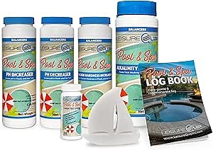 LeisureQuip Pool & Spa Chemical Balancer Maintenance Kit with Test Strips - Contains Alkalinity Increaser, Calcium Increaser, pH Increaser, pH Decreaser, Scum Absorber, Test Strips, & Hot Tub Log Book