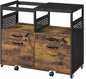 Topeakmart 4 Drawers Mobile File Cabinet Rolling Office Filing Cabinets with Upper Baffles Lateral Filing Cabinet with 2 Open Compartments, Rustic Brown