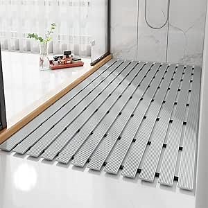 Shower Mat,Shower Mat Non Slip,Shower Mat with Drain Hole in Middle,Square Rubber Shower Mat (24.01x35.43in, Grey)