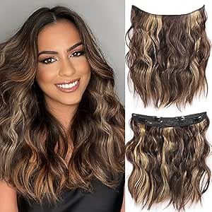Invisible Wire Hair Extension 12 Inch Adjustable Transparent 4 Secure Clips Wire Synthetic Long Wavy Hairpieces for Women Hai (12 Inch, Chestnut Brown with Blonde Highlights)