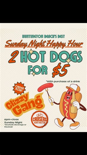 EVERY SUNDAY 6pm to close. Get two hot dogs for just $5!! Must purchase an alcoholic beverage or a mocktail. *Dine in only* ——- Sunday night football just got a whole lot better. #SundayNightFootball #HotDogDeal #FoodieSpecial #GameDayEats #SundayFunday #DrinkAndDine #FoodDeals #BarSpecials #WeekendVibes #FootballFans #HappyHourVibes #HotDogLovers | Cruisers Pizza Bar Grill Huntington Beach