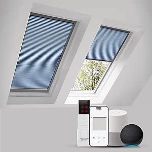Motorized Skylight Shades Cellular Honeycomb Electric Blinds with Solar Panel Cordless Rechargeable Shades with Remote for Roof Inclined Plane Room Custom Size(Black Out Blue)