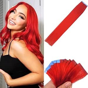 Red Tape in Hair Extensions Human Hair 20 Inch Invisible Tape in Straight Red Soft Real Human Hair Extensions for Cosplay