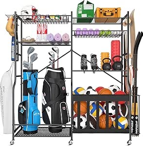 Garage Sports Equipment Organizer, with 2 Golf Bag Storage, Sports Equipment Storage with Locked Wheel, for Garage Ball Storage, Gym, Outdoor Use