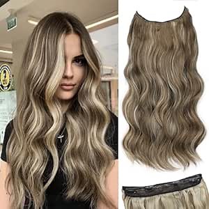 Invisible Wire Hair Extensions,Medium Brown Ash Blonde Hair Extensions with Adjustable Size 4 Secure Clips,Long Curly Secret Wavy Hairpieces for Women