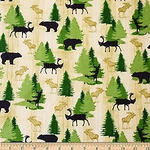 QT Quilt Fabrics Moose Trail Lodge Animals & Pine Trees Quilt Fabric, Cream, Quilt Fabric By The Yard