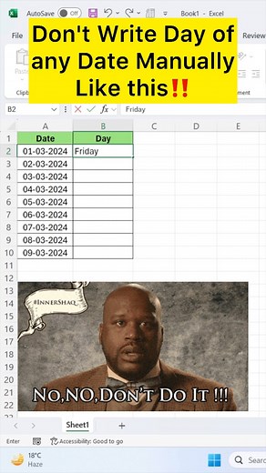 Find Day of any Date in Excel #exceltips #excel #exceltricks #excelformulas #reelstrending | Vishal Aggarwal