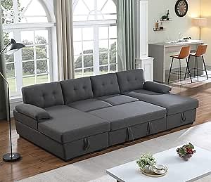 Sectional Sleeper Sofa Couch Bed Pull Out Sofa Bed & Storage Chaise Lounge Living Room U Shape Couches Sleeper Couch Furniture Set (Dark Grey)