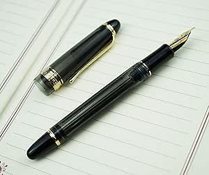 Lanxivi Yongsheng 699 Fountain Pen Medium Nib Vaccum Filling, Transparent Gray Acrylic Gold Trim, Solid Section Gift Box Set