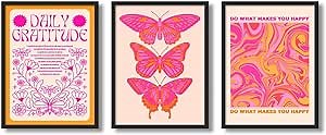Vintage Funky Butterfly Poster Black Frame Set of 3 Orange and Pink Canvas Art Wall Butterfly Prints Daily Gratitude Pictures 24X36in Trendy Preppy Room Decor for Gallery College Dorm