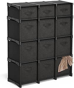 12 Cube Storage Organizer, Black Storage Cubes Organizer Shelves, Sturdy Cubbies Storage Shelves with Cube Storage Organizer Bins, DIY Cube Shelf Organizer for Bedroom, Playroom, Office, & Dorm