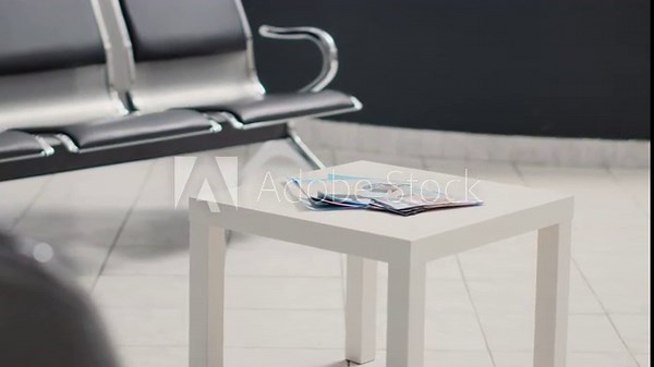 Empty waiting area at healthcare clinic, seats in hospital reception. Medical center used for emergency consultations and examinations, registration front desk with diagnosis report.