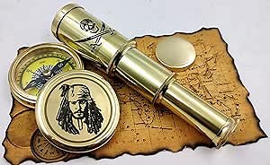 Captain Jack Sparrow Brass Compass with Mini 2 fold Telescope Pirates for Pirates Lovers