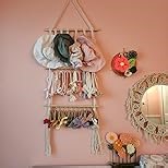 Headband Holder - Bow Holder for Baby Girl – Macrame Bow Organizer for Baby Girl w/Hooks, Slings & Wooden Bead – Space Saving Baby Bow Organizer for Expecting Moms