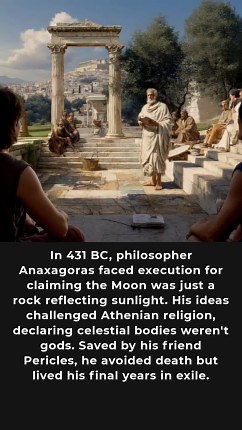 In 500 BCE, an ancient Greek philosopher named Anaxagoras made a shocking claim that almost cost him his life: the moon wasnt a goddess it was just a giant rock reflecting the suns light. The sun itself? A massive ball of fire, not the god Helios racing his chariot across the sky. 🌕 For daring to explain eclipses and lunar phases as natural phenomena rather than divine acts, Anaxagoras was arrested and sentenced to death for blasphemy against the Greek gods. Only the intervention of his powerfu