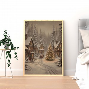 Pine Tress, Cozy Christmas Village Wall Art, Snowy Winter Town Illustration, Rustic Holiday Cottage Scene, Festive Christmas Decor. - Etsy Canada