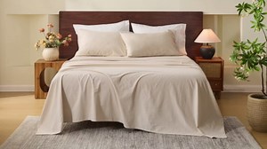 MEISHANG 100% French Pure Linen Sheets Queen Size - Bed Sheets 4 Piece Sets, Soft Durable Flax Linen, Anti-Tear Breathable Moisture Wicking with 16" Deep Pocket (Light Blue)