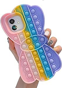 Rainbow Butterfly Phone Case for iPhone 11 Push Pop Bubble Fidget Sensory Toy Stress Relief Dimple Rainbow Popper Waterproof Poppet Phone Protective Shell Case Gift for Men Women Adult Teens