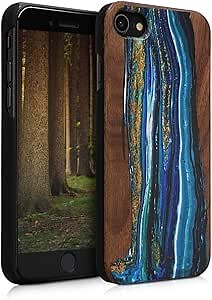 kwmobile Case Compatible with Apple iPhone SE (2022) / iPhone SE (2020) / iPhone 8 / iPhone 7 - Wood Case Hard Wooden Design Cover - Watercolor Waves Blue/Brown