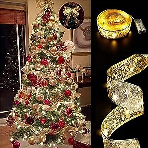 HOOHOO Christmas Tree Lights, Battery Operated Christmas Light, 16ft Ribbon Light with Wire Edge, Fancy Christmas Tree Decorations, Golden Warm