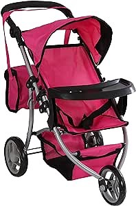 Mommy and Me Doll Collection Doll Stroller Fold-able Doll Jogger for Baby Dolls with Adjustable Handle, Basket, and Free Carriage Bag Hot Pink