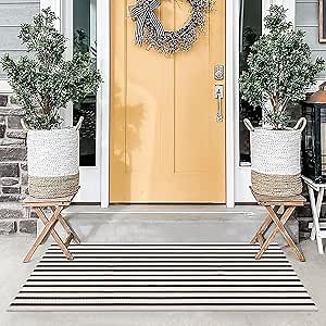 Black and White Striped Rug 24'' x 51'' Washable Indoor Outdoor Rug Front Porch Doormat Cotton Hand-Woven Farmhouse Layered Double Door Mats for Front Porch, Patio, Entryway, Laundry Room