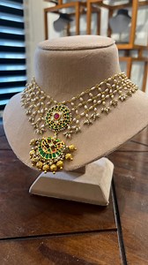 22kt gold pearl choker, with emeralds, uncut Polkis, emerald and ruby stones, strung in a jali pearl design..simple, classy and heritage choker for the ages! #rajatamaya #gold #goldjewellery #choker #emerladchoker #pearls #pearlchoker #handmade #indianjewellery #emerald #polkijewellery #polki #indian #indianweddings | Rajatamaya