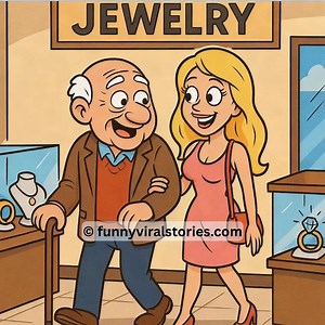 An old man walks into a jewelry store with a young blonde lady The...