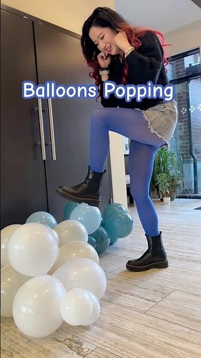 Popping Balloon in Blue Nylons Tights! Stockings Pantyhose Hosiery Legs Girl Fashion Model