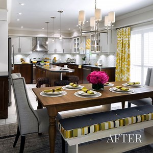 Sometimes we can’t completely reno a kitchen, so a ‘refresh’ calls for getting the most bang for your buck! Here we brought in more storage, refaced the cabinets, installed new appliances and brought in new surfaces and lighting. Transformed! | Candice Olson Design