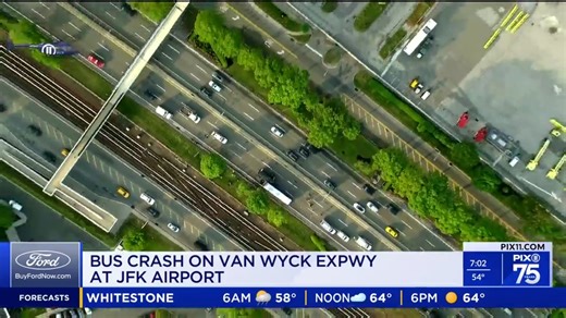 More than a dozen people were injured when two buses crashed in Queens Friday morning, fire officials said. AIR11 was over the scene Friday morning. The video showed a black passenger van crashed into the back of a larger bus with Delta markings on it. More here: https://pix11.com/news/local-news/queens/bus-crash-jfk-airport-injuries-officials/ | PIX11