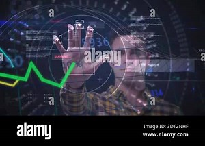 Adult man raising right hand at interface scanning data analyzing and tracking graphs in technology. Virtual reality, interface, data, digitalization, innovation, futuristic, technology Stock Video Footage - Alamy