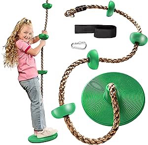 Jungle Gym Kingdom Tree Swing for Kids - Single Disc Seat and Brown Climbing Rope Set w/Carabiner and 4 Foot Strap - Treehouse and Outdoor Playground Accessories - Green