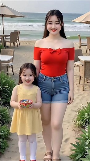 Beautiful Mom and Cute Daughter Walk on the Beach