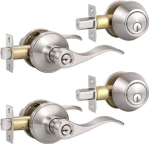DECORITEN Keyed Alike Door Handle and Deadbolt Locksets, Brushed Nickel Door Handles with Single Deadbolt Locks, Front Entry Door Locksets, Exterior Door Handle Lock with Deadbolts, 2 Pack
