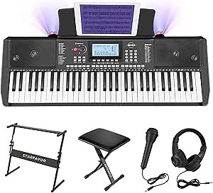 Starfavor 61 Key Electronic Keyboard Piano with LCD Display, Portable Electric Music Piano for Beginners Professions, include Z-style Stand, Bench, Microphone, Headphone, Keynote Stickers (SEK-561)