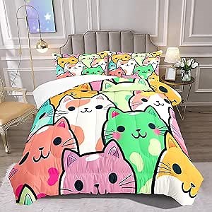 Cat Bedding Set - Full Size Comforter, 2 Pillowcases for Girls, Soft Breathable Polyester, Machine Washable, Cat Themed Bedding for Kids Room Decor, Birthday & Holiday Gift