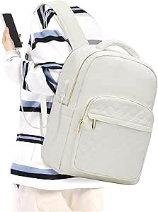Light Flight Travel Laptop Backpack Women, Mochilas para Mujer, College Nurse Quilted Backpack, Water-repellent Small Backpack Bookbag with USB Charging Port, Beige