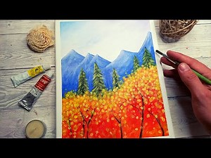AUTUMN Landscape PAINTING 🍂 Autumn Tree + Fir Trees + Mountains 🍁 How to Paint a Simple Painting