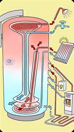 DrNoble Arya on Instagram: "📖 a multi-source hot water storage system that integrates solar, boiler, and possibly wood-burning heating methods. The solar collector on the right captures sunlight, transferring heat through a coil inside the thermal storage tank. Additionally, a boiler or wood stove can contribute to heating, ensuring hot water availability even when solar energy is insufficient. The heated water rises to the top of the tank, where it is drawn for use in showers and faucets. Cold