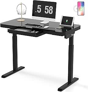 Amazon.com: HAIAOJIA Glass Electric Standing Desk with Drawer - 45 x 23 Inch Tempered Glass Dual Motor Height Adjustable Sit Stand Desk Computer Workstation with USB/Wireless Charging/Power Strip (Black) : Office Products