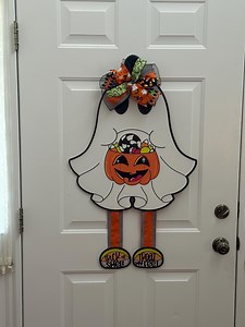 Halloween Ghost Door Hanger: Handmade Bow, Pumpkin & Ribbon Legs - Etsy