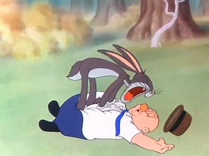 Bob Clampett's "Wabbit Twouble" (1941) is one of my all time favorites. This gag is so funny to me. Elmer's reaction! LOL Painting Elmer's glasses dark has always stuck with me. Such weird funny Bugs drawings, love it! #looneytunes #cartoons #animation #bugsbunny #wbcartoons | Gabe_Swarr