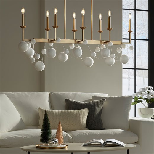 13 reactions | We love this DIY holiday chandelier SNOW much ☃ Simply use monofilament (fishing wire) to hang snowball garland from your chandelier, and bring in winter charm overhead ✨ #myLampsPlus Shop gold chandeliers: https://bit.ly/3aZyr8x Featured: Possini Euro Kime Gold Modern Trestle Island Chandelier- Style 270y1 *Disclaimer: Do not place décor near hot bulbs unless using encased bulbs. Preferably use LED bulbs. Decorate chandelier with lights turned off. | Lamps Plus | Facebook