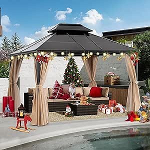 10x12 Hardtop Gazebo - Outdoor Polycarbonate Double Roof Gazebo Canopy, Metal Frame Permanent Pavilion with Curtains and Netting for Patio, Garden, Patio, Lawns (Beige)