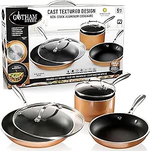 GOTHAM STEEL 5 Pc Copper Pots and Pans Set Non Stick Cookware Set, Kitchen Cookware Sets, Pot and Pan Set, Pot Set, Non Toxic Cookware Set, Frying Pan Set, Saucepan Set, Pots Set, Dishwasher Safe