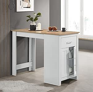 MOOSH 47" Counter Height Table, White + Oak, Cabinet & Drawer, 2 Seater Dining Compact Table with and Oak White, Person Seat