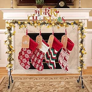 Lighted Metal Christmas Stocking Holder Stand for Floor with 6 Hangers Gold Merry Christmas FreeStanding Stocking Rack