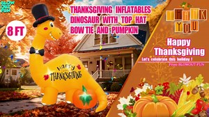 BLOWOUT FUN 8FT Thanksgiving Inflatables Dinosaur with Top Hat Bow Tie and Pumpkin Decor Built-in LED Lights Blow Up Brachiosaurus for Fall Autumn Harvest Indoor Outdoor Front Door Yard Lawn Garden
